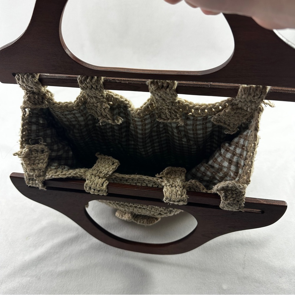 Handmade Knit Crochet Shoulder Bag Wood Floral Cottagecore Sequoia Line Tan Hobo - Picture 4 of 7